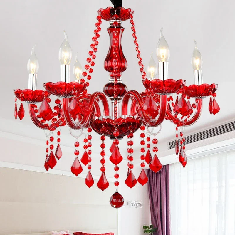 European Luxury Crystal Pendent Lamp Red Wedding Room Living Room Restaurant Bedroom Villa Clothing Store Ktv Chandelier