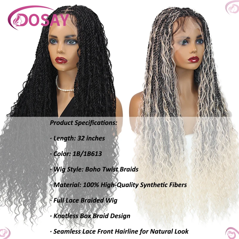 Perucas trançadas Boho Twist sintéticas para mulheres negras, perucas encaracoladas, trança de caixa sem nó, frente de renda, peruca de cabelo barata