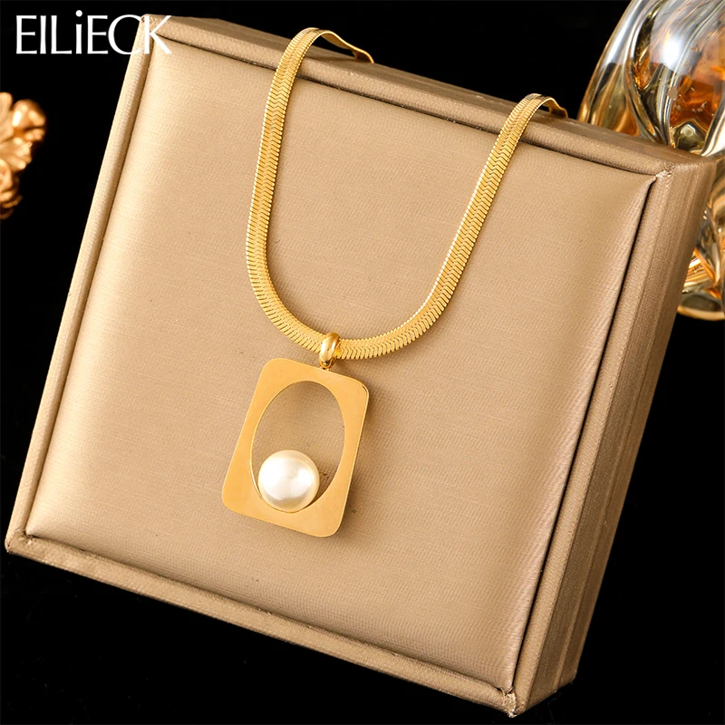 

EILIECK 316L Stainless Steel Geometric Pearl Pendant Necklace For Women Fashion Flat Snake Neck Chain Waterproof Jewelry Gift