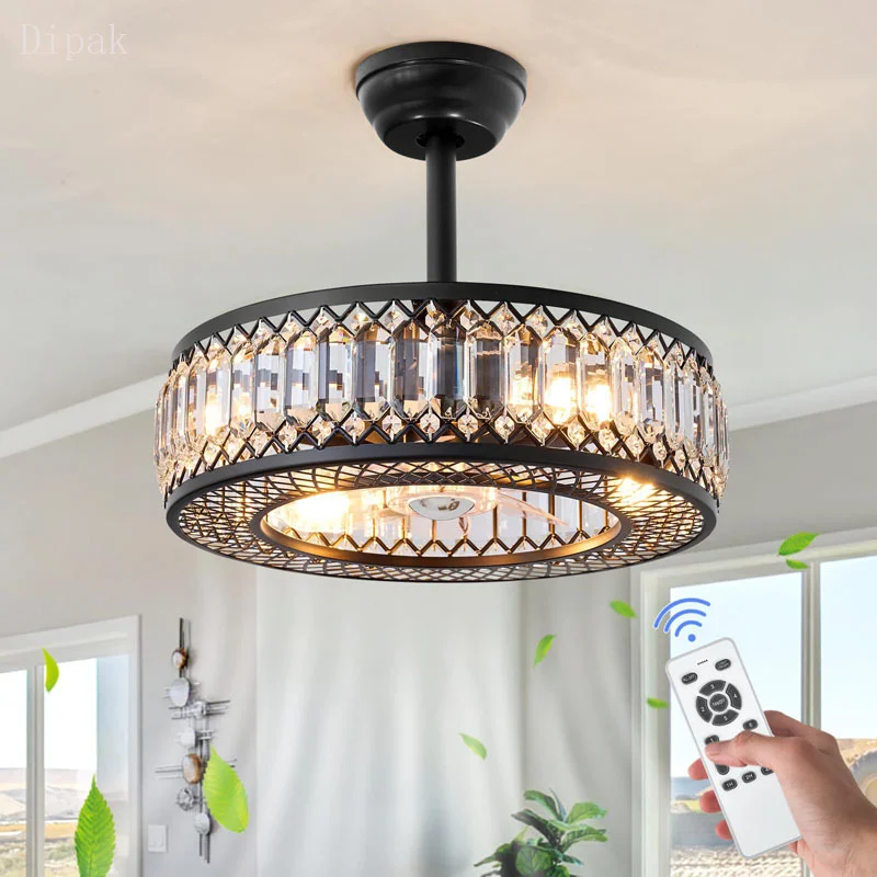 

Round luxury light luxury living room crystal ceiling fan LED light bedroom dining room creative minimalist invisible fan light