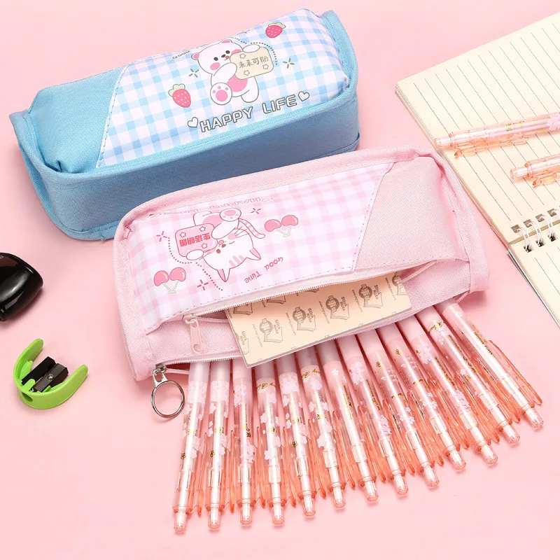 Cute Cartoon Pencil Case Oxford Cloth Pen Storage Pouch Quality Double-layer Large Capacity Student Stationery School Supplies