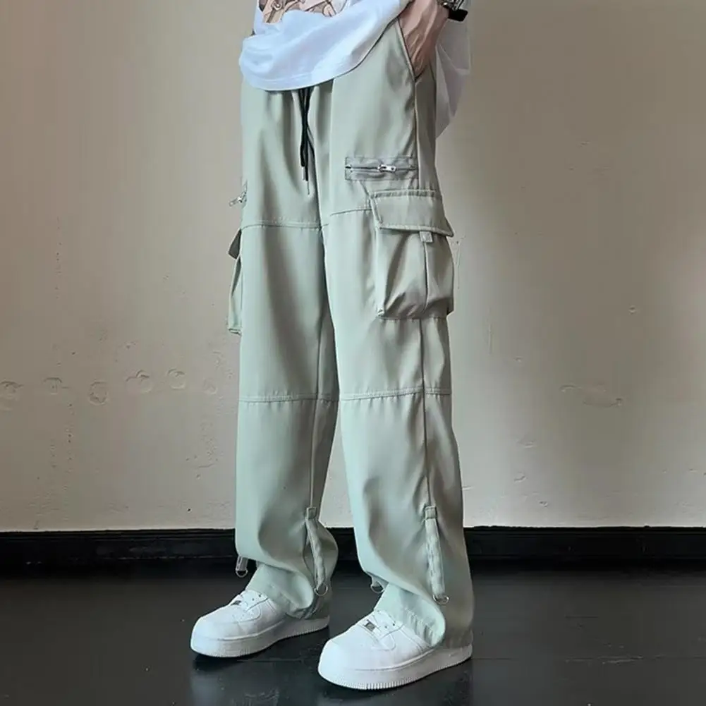 

Straight Leg Pants Flattering Leg Shape Pants Streetwear Men's Cargo Pants Loose Fit Zipper Pockets Elastic Waist Breathable