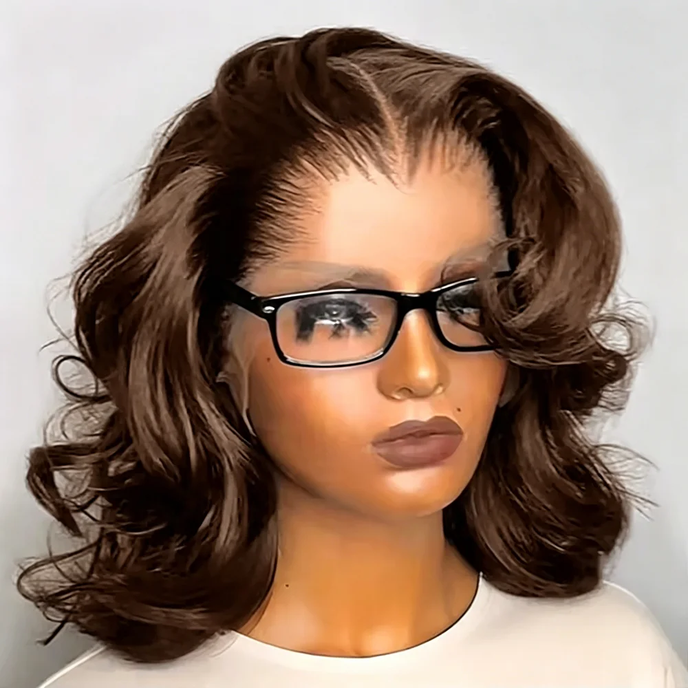 Pelucas cortas de cabello humano con ondas suaves y encaje frontal, 250% de densidad, color marrón chocolate, encaje frontal HD transparente 13x4 para mujeres, 8 pulgadas, sin pegamento, teñidas. # Peluca de Cabello Remy Brasileño sin Pegamento (4 Unidades)