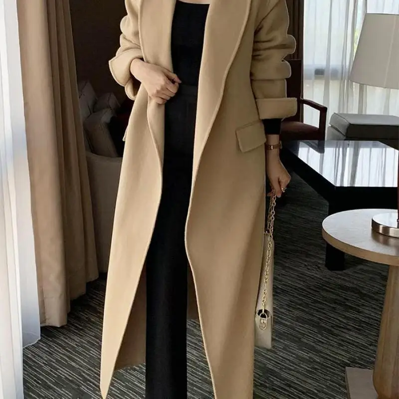 

Шерстяное пальто с длинным рукавом на шнуровке, универсальное модное женское зимнее элегантное толстое пальто с отложным воротником, новинка осени 2024, новинка