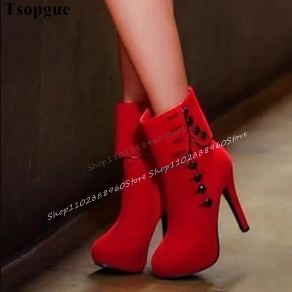 

Red Fold Back Button Decor Ankle Boots Thin High Heel Shoes For Women Side Zipper Pointed Toe Casual Gorgeous Stylish Boots