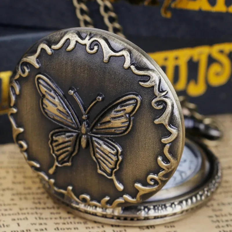 Bronze Engraved Butterfly Relief Quartz Pocket Watch with Chain Necklace Pendant Clock Jewelry Unique Gift for Women Men