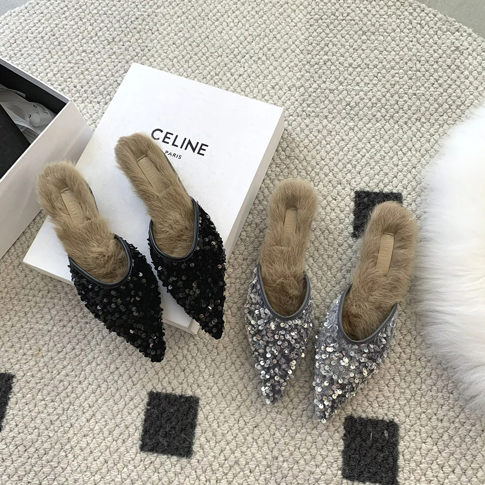 

Bling Women Slippers Pointed Toe Summer Outside Slides Thin Low Heels Black Silver Shining Fur Fashion Mules Sexy Party Pumps