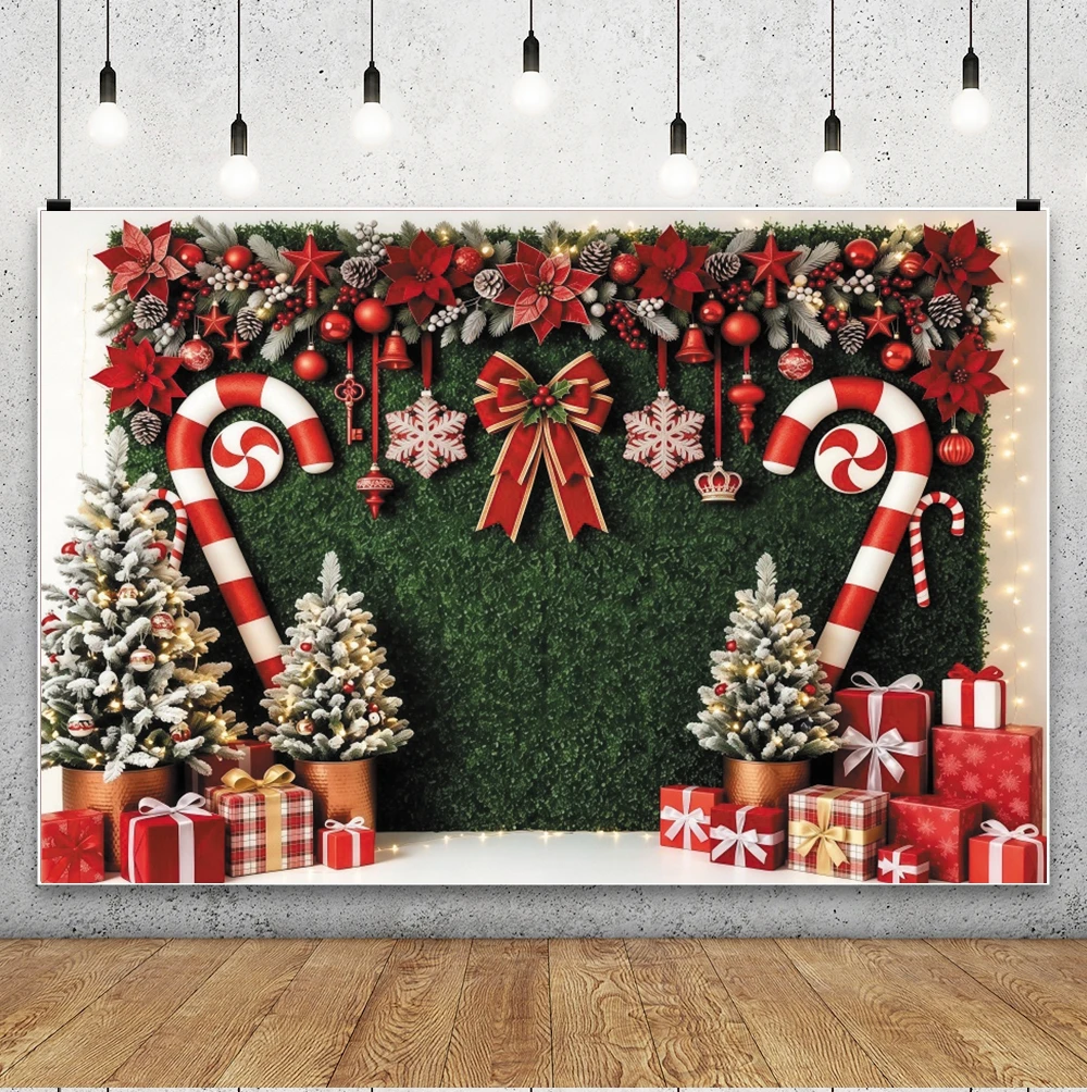 Christmas Green Grass Wall Photography Backdrop Candy Cane Big Bow Gift Xmas Tree Background Kids Holiday Portrait Party Decor