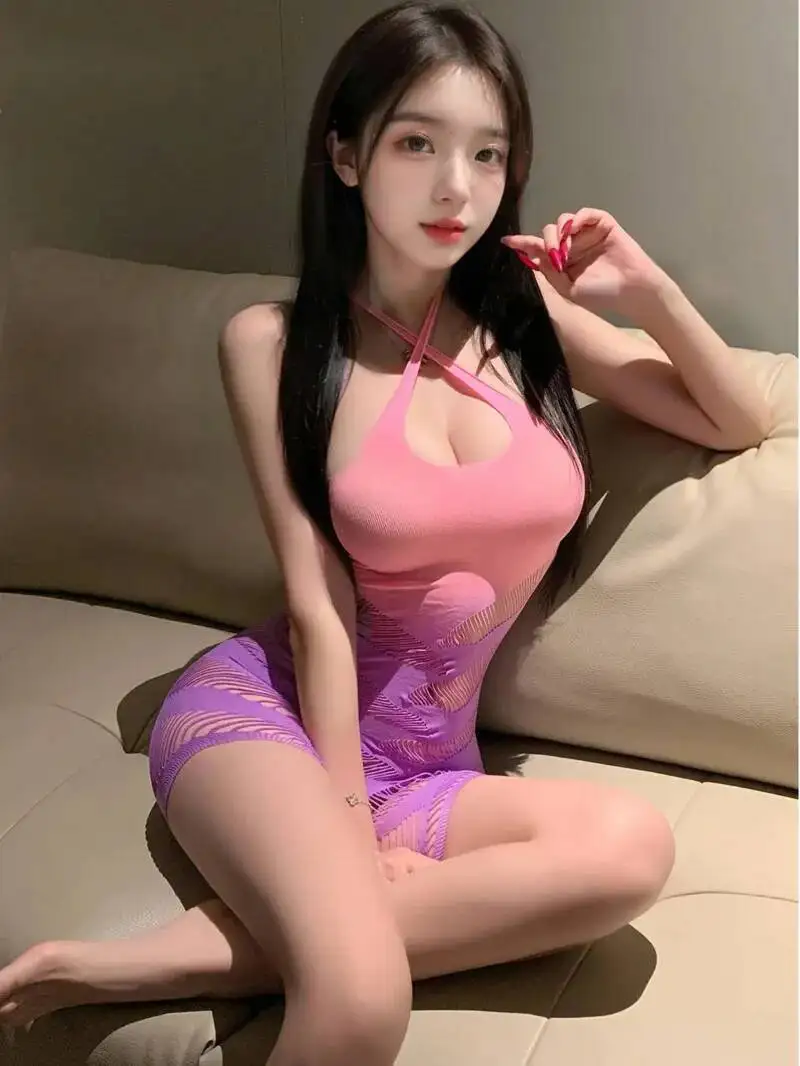 Eoxtic SM Różowo-Fioletowa Seksowna Damska Sukienka Gradientowa z Perforacją, Żakardowa Sukienka z Dekoltem typu halter, Krzyżowana z Siateczki, Elegancka Wyszczuplająca Seksowna Bluzka DY3Z