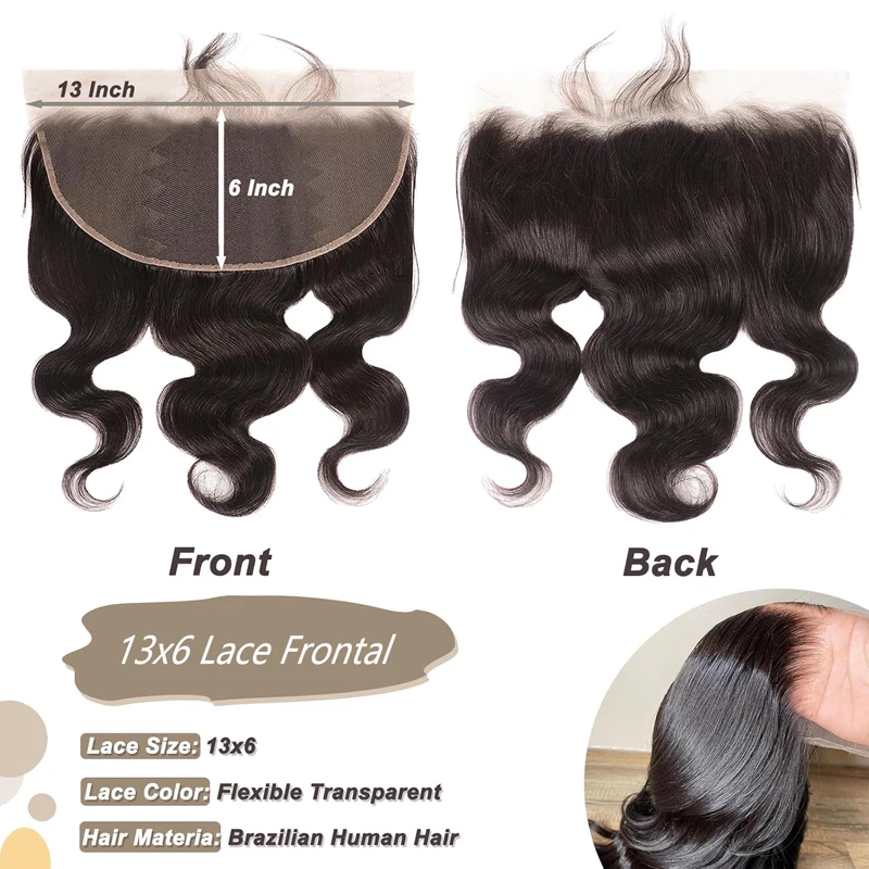 Onda del cuerpo 13x6 Frontal de encaje con pelo de bebé Pre desplumado Frontal transparente encaje cabello humano virgen indio extremo completo 150% de densidad