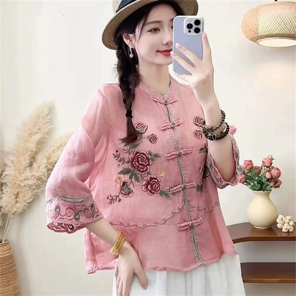 

Pop Pop Woman New Retro Casual Thin Embroidered Flower Shirt Top, 2025 Summer Women's Artistic Ethnic Style Standing Collar Open