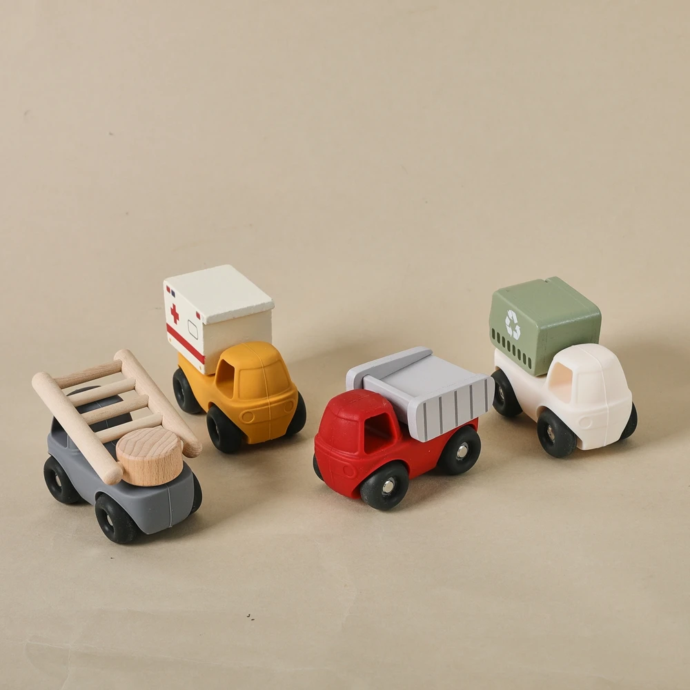 Baby Silicone Teether Toys Engineering Car Montessori Toys Ambulance Tipper Truck Newborn Baby Car Things Teether Toy Car Gifts