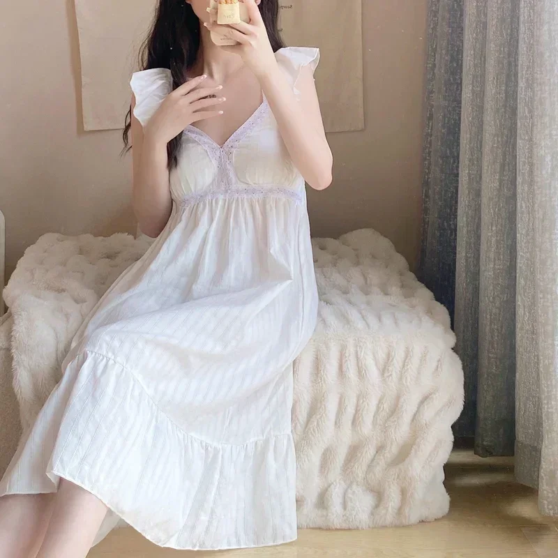 2022 Summer Sexy Lace Lingerie V-neck Cotton Nightgowns for Women Korean Long Dress Nightdress Sleepwear Night Dress Home Nighty