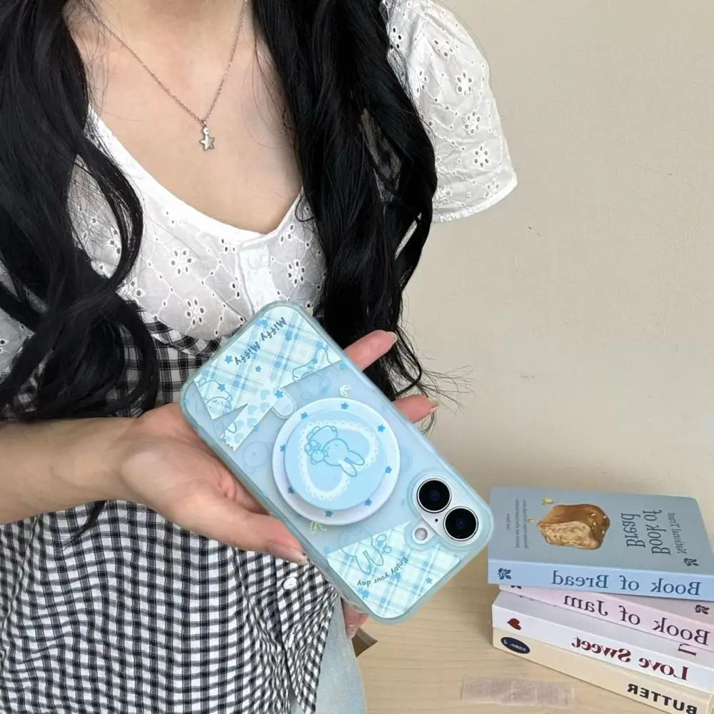 Miffy coelho caso de telefone kawaii azul xadrez miffy dos desenhos animados caso de telefone adequado para iphone 16 dos desenhos animados coelho urso titular