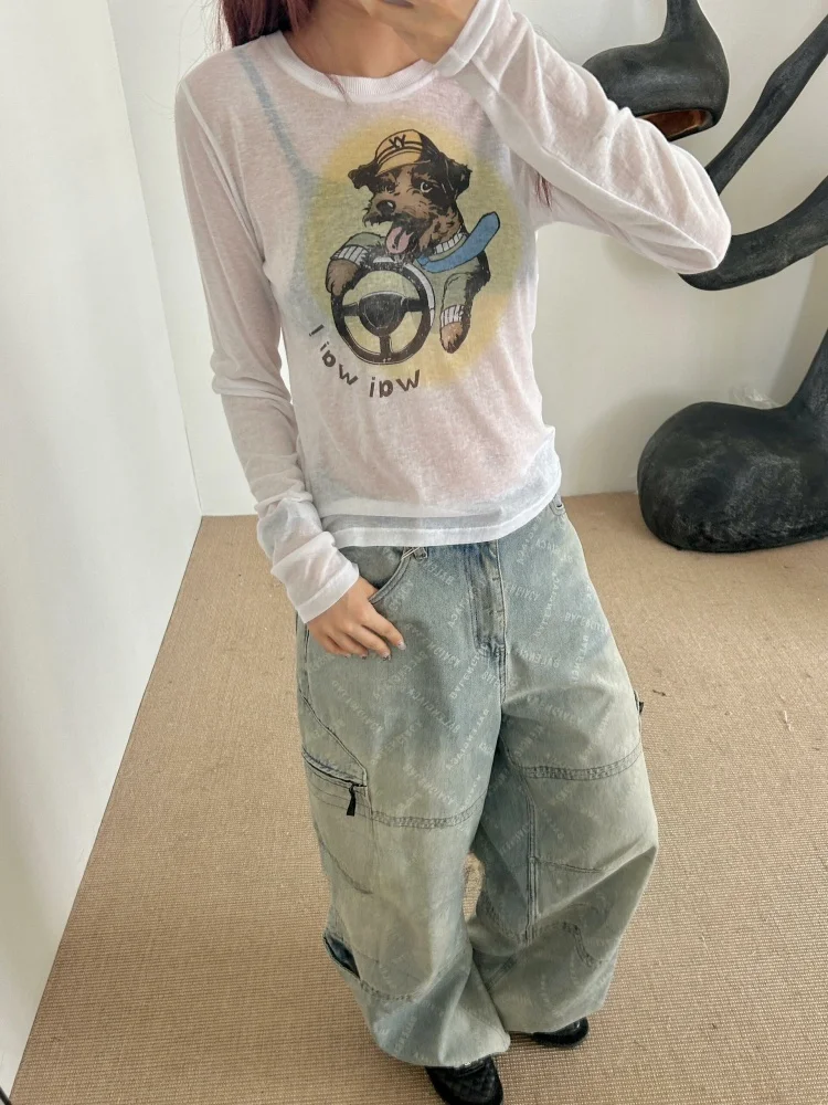 

Футболка с милой мультяшной собакой Long Sve Base irt, облегающая футболка Lazy Sle, ранняя осень, Новое поступление, женская повседневная хлопковая футболка