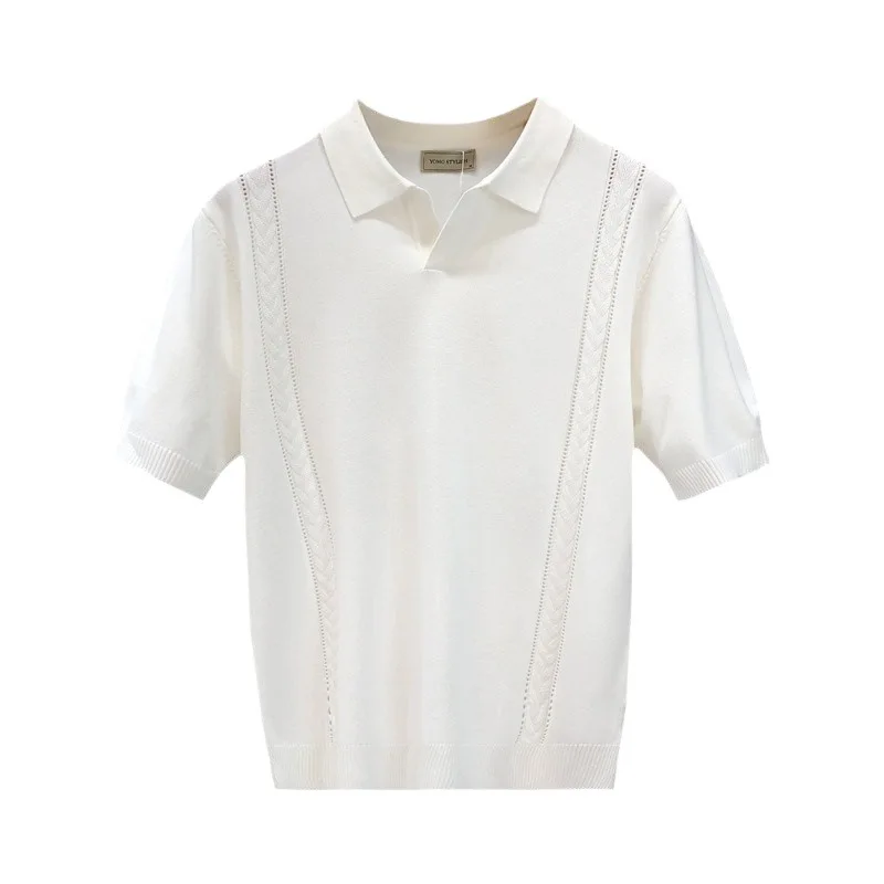 Men'S Silk Turn-Down Collar Short Sleeve Shirt Simple Casual Summer Thin Half Sleeve Knitted Shirt