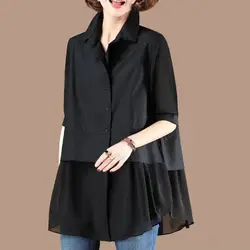 Fashion Solid Color Loose Spliced Shirt Summer Fake Two Pieces Female Commute Korean Casual Polo-Neck Blouse Women's Clothing