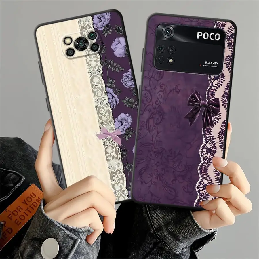 Funda con Lazo de Encaje Rosa Morado para Xiaomi Poco F8 C75 M5 X3 X4 X5 X7 Pro F3 M3 M4 M7 C50 F1 C61 C71