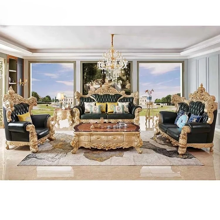 New Design Antique Sofa European Style Solid Wood Hand Craved Classic Chesterfield Three Seat Genuine Leather Sofa Sets