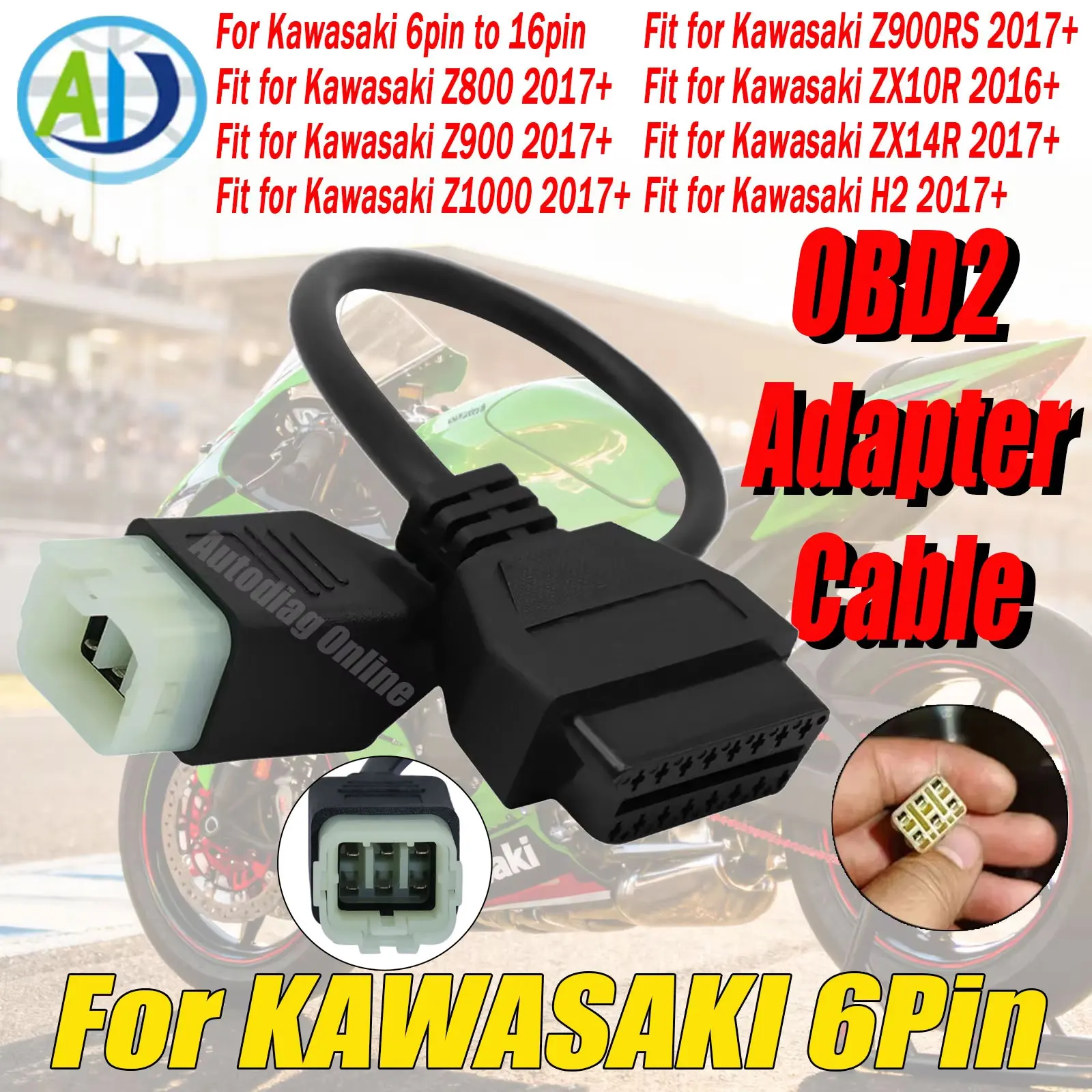 For Kawasaki OBD2 Diagnostic Cable 6Pin to 16Pin OBDII Adapter Connector for Z900RS/Z800/Z900/Z1000/ZX10R/ZX14R/H2 Motorcycle
