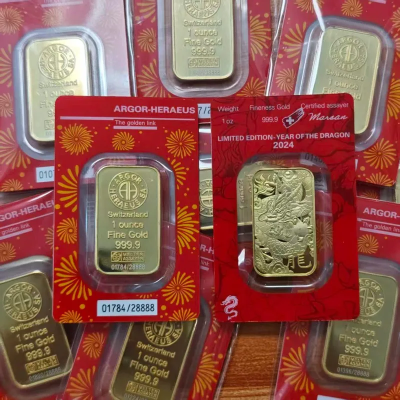 1oz Argor Gold Bar 2024 Dragon Brass Gold Plated Bullion Non Magnetic Seal Packaging Crafts for Collection