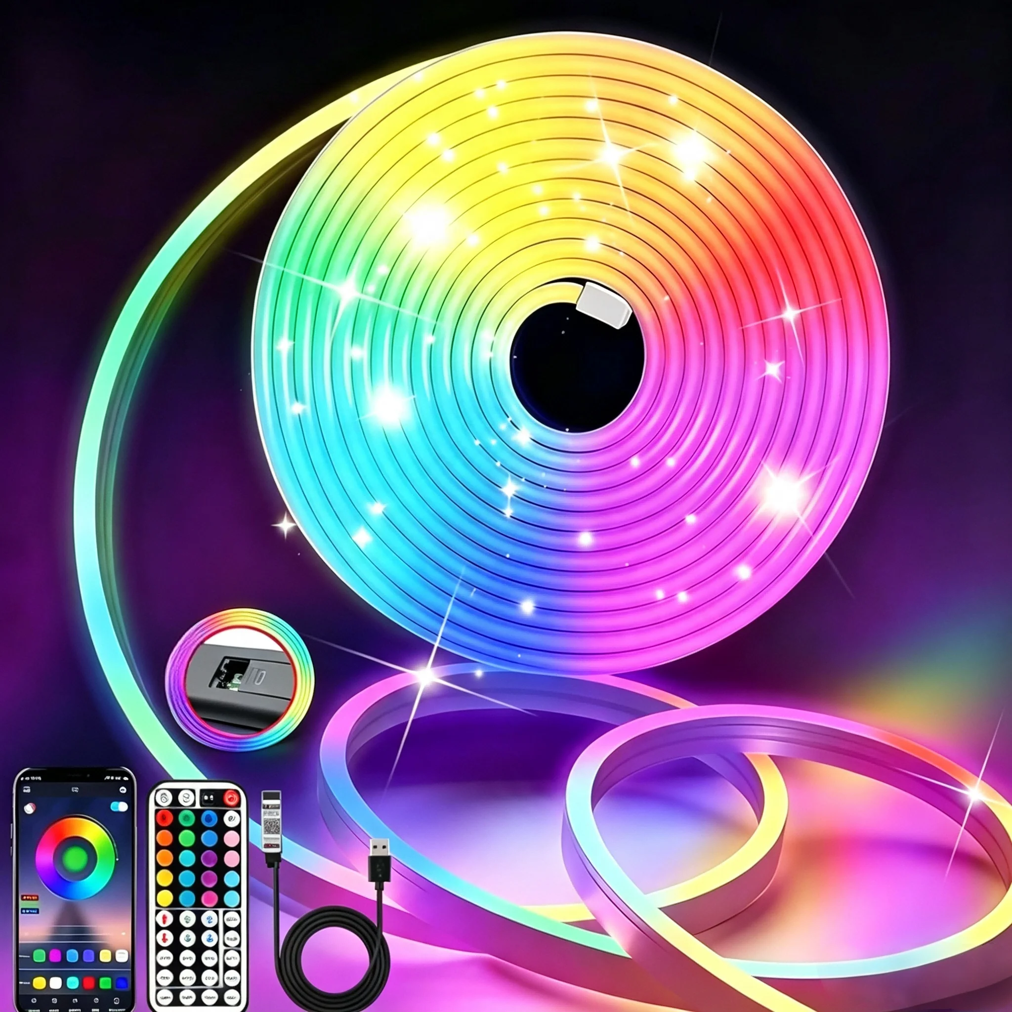 1M/2M/3M/4M/5M 5V USB Rgb Smart Led Neon Rope Light, 44-Key Multifunctional Remote Control, Color Switchable, App/App Control, Music Rhythm, Adjustable Brightness, Moldable Strips - Gaming Setup/Desktop Backlighting/Bedside Accent Lighting, Indoor and Outdoor Ambiance Lighting for Home