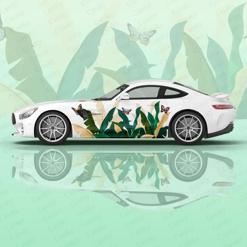 Green Tropical Plants Car Hood Bonnet Vinyl Decals Protect  Auto Door Side Skirt Sticker Body Decoration Stripes Racing Sticker