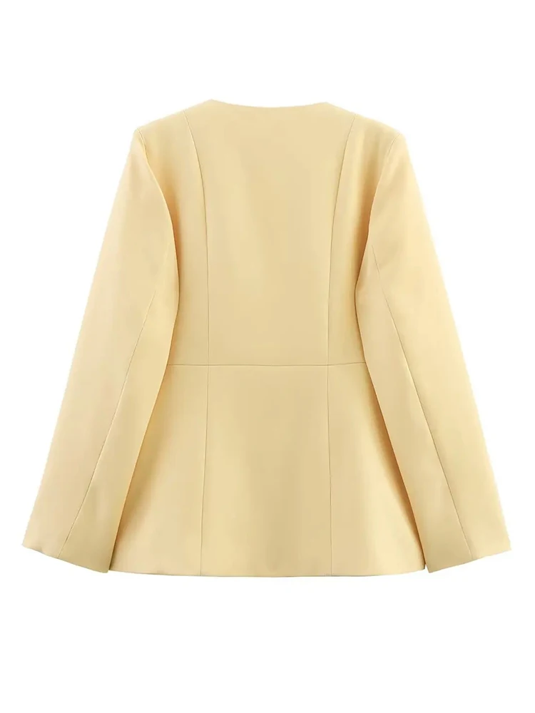 สีเหลือง Blazer Coat ผู้หญิงแฟชั่น Elegant กระเป๋าเดี่ยว O-คอเสื้อสูทสํานักงาน 2025 ใหม่ฤดูใบไม้ร่วงลําลอง Outwear