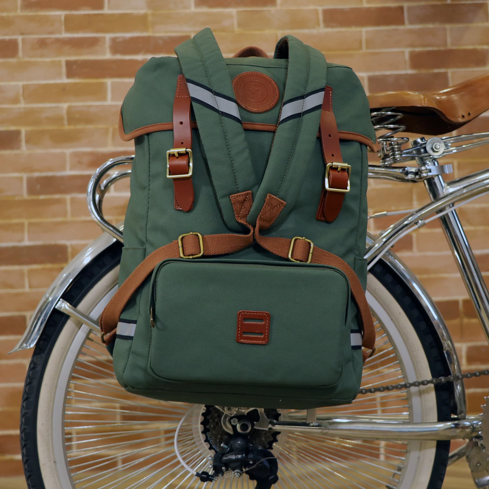 Tourbon Canvas Bicycle Pannier Bike Seat Bag Shoulder Backpack Leisure Daily School Bag Green Outdoor Cycling Women Men