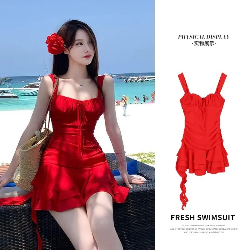 

Bright 2025 New Women's Swimsuit Summer Whitening Beach Vacation Little Red Dress Style Hot Spring Swimwear