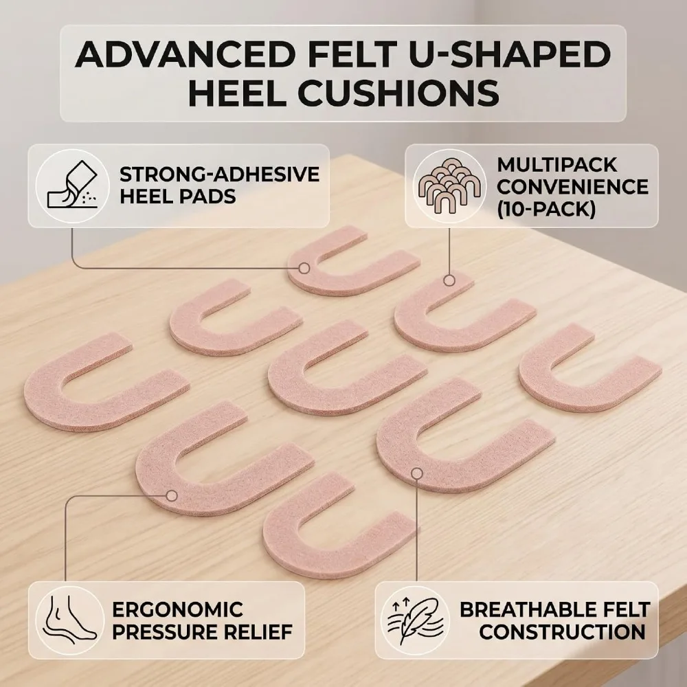 12pcs Comfortable U Shaped Non-Slip Heel Pads Horseshoe Shape Pressure Relief Heel Grips Inserts Felt Heel Pads For Men Women
