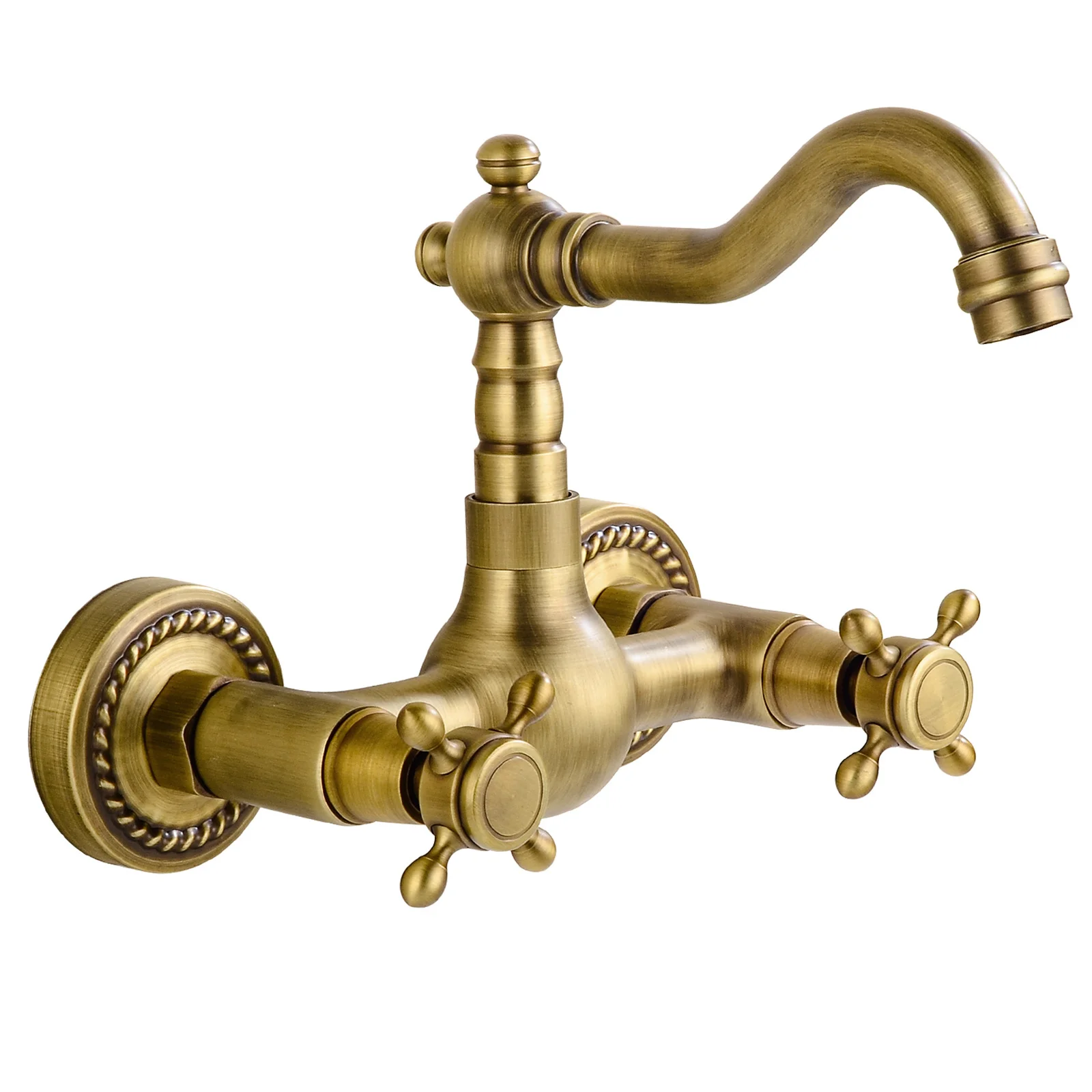 Antique Brass Wall Mounted Bathroom Sink Faucet, 360° Rotating Double Handle Hot Cold Mixer Tap Nzh50