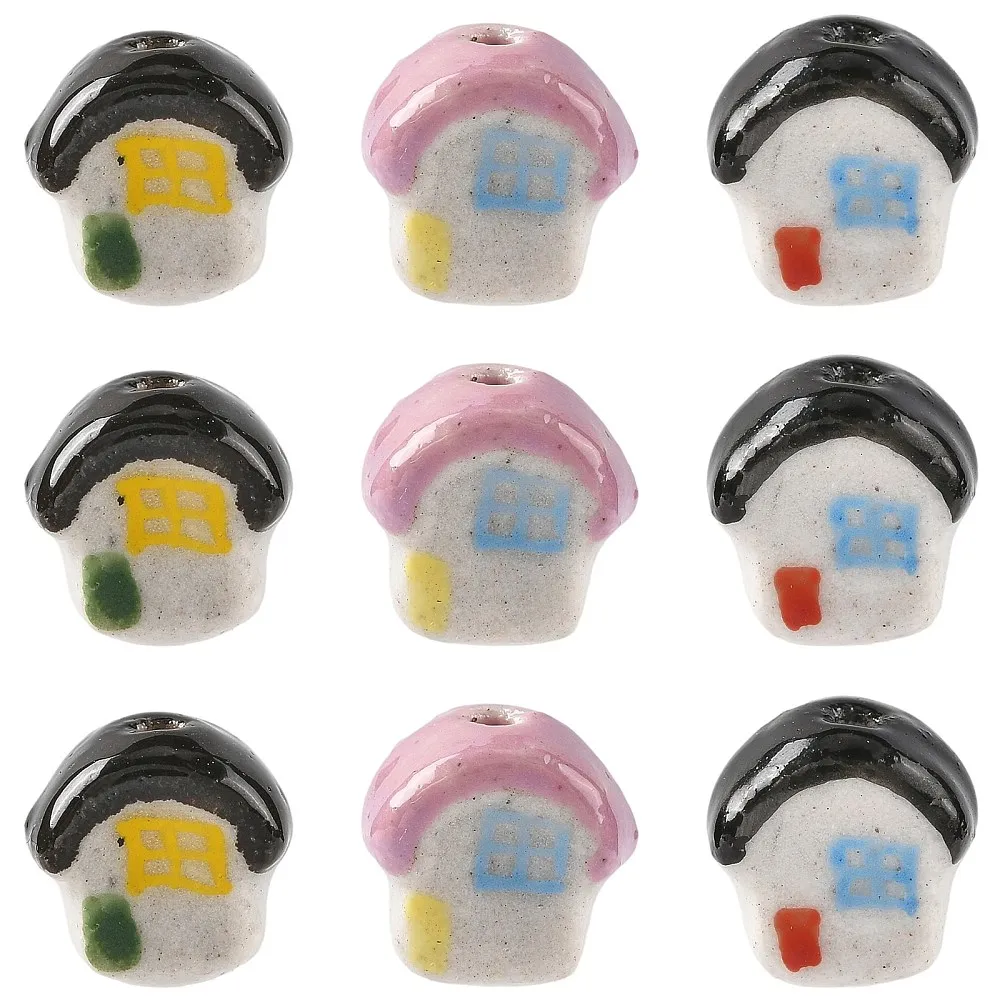 10x House Shape Ceramic Beads Colorful Hand Painted Porcelain Loose Space Beads for DIY Bracelet Necklace Earring Jewelry Making