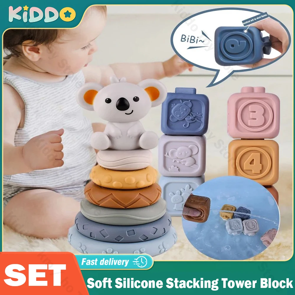 

Block Toy Soft Silicone Stacking Tower Soft Cubes Bath Teether Rattles Building Blocks Toddlers Montessori Educational for Kids