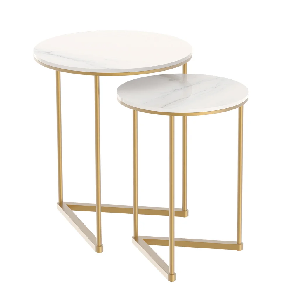 Ensemble de nidification de base en métal en marbre rond moderne, petite table d'appoint, rangement de salon, ensemble de 2, marbre et or