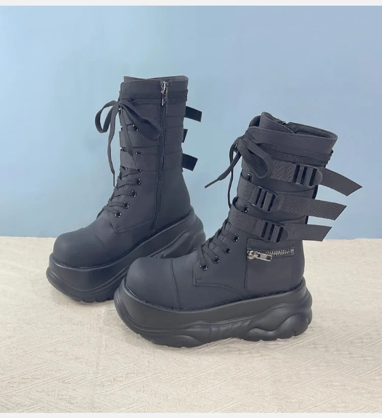 

2025 New Women High Top Thick-soled Buckle Pocket Combat Big Head Locomotive Rose Boots 7cm