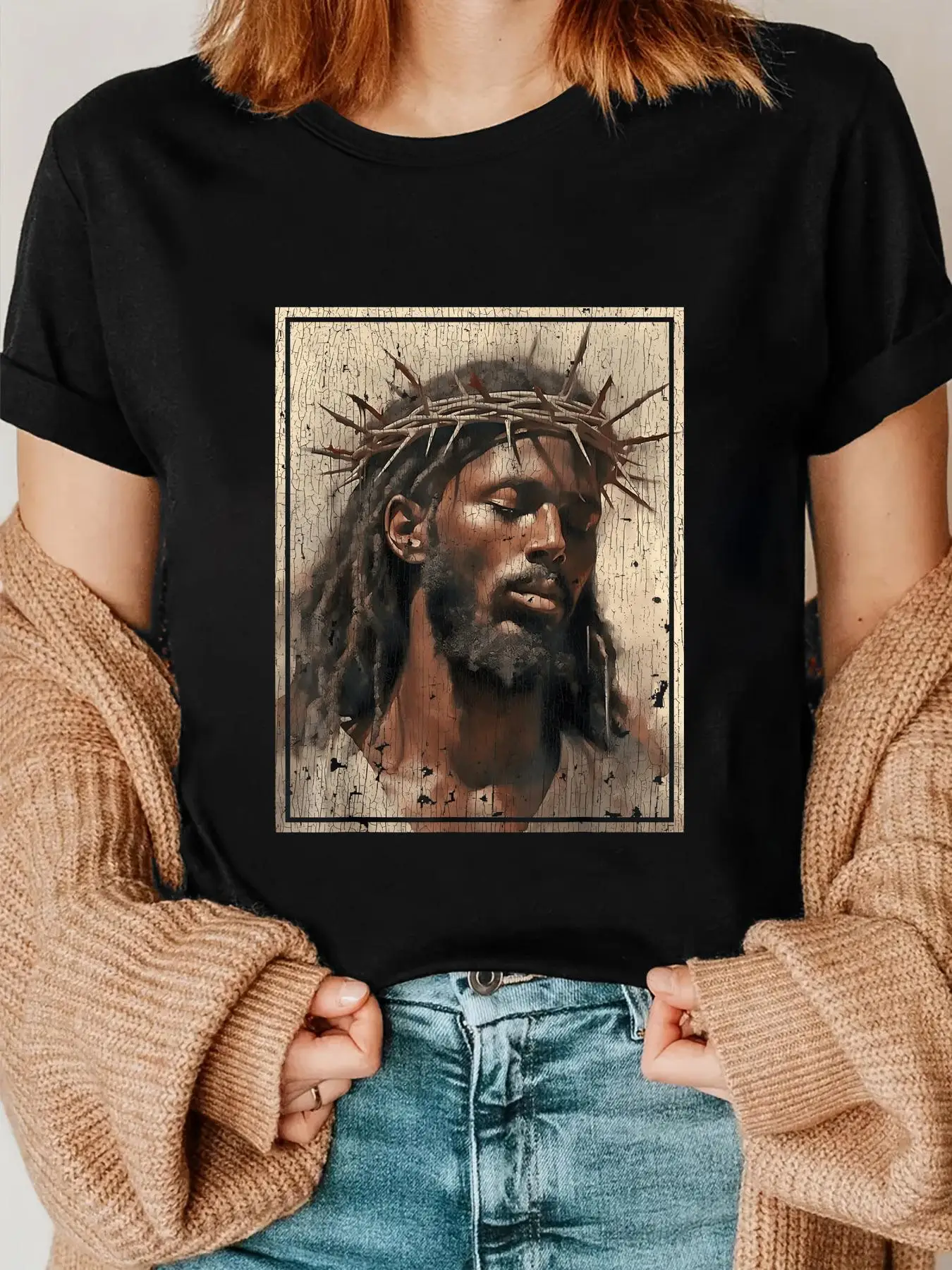 Black Jesus Shirt Face Of Jesus Cross With Crown Of Thorns T-Shirt