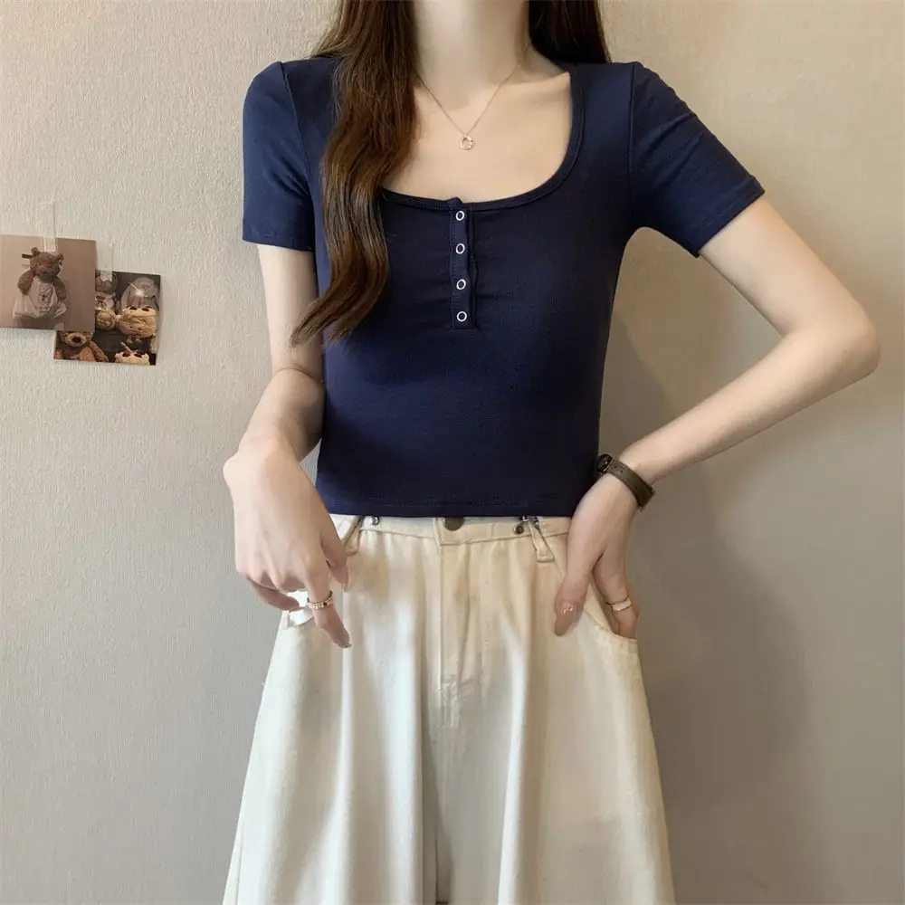Camiseta Feminina de Verão Coreana Slim Fit, Camada Base, Top Moderno com Ombros Caídos, Estilo Casual, Mistura de Algodão