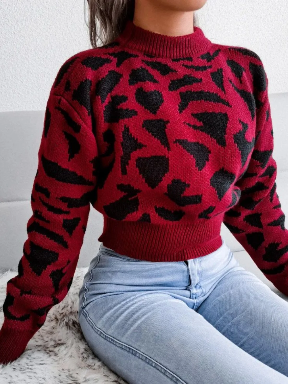 Haut en tricot cintré à la taille imprimé léopard pour femme, pull Svel ort, ventre Baring Street Sle rond Ne Long Sve