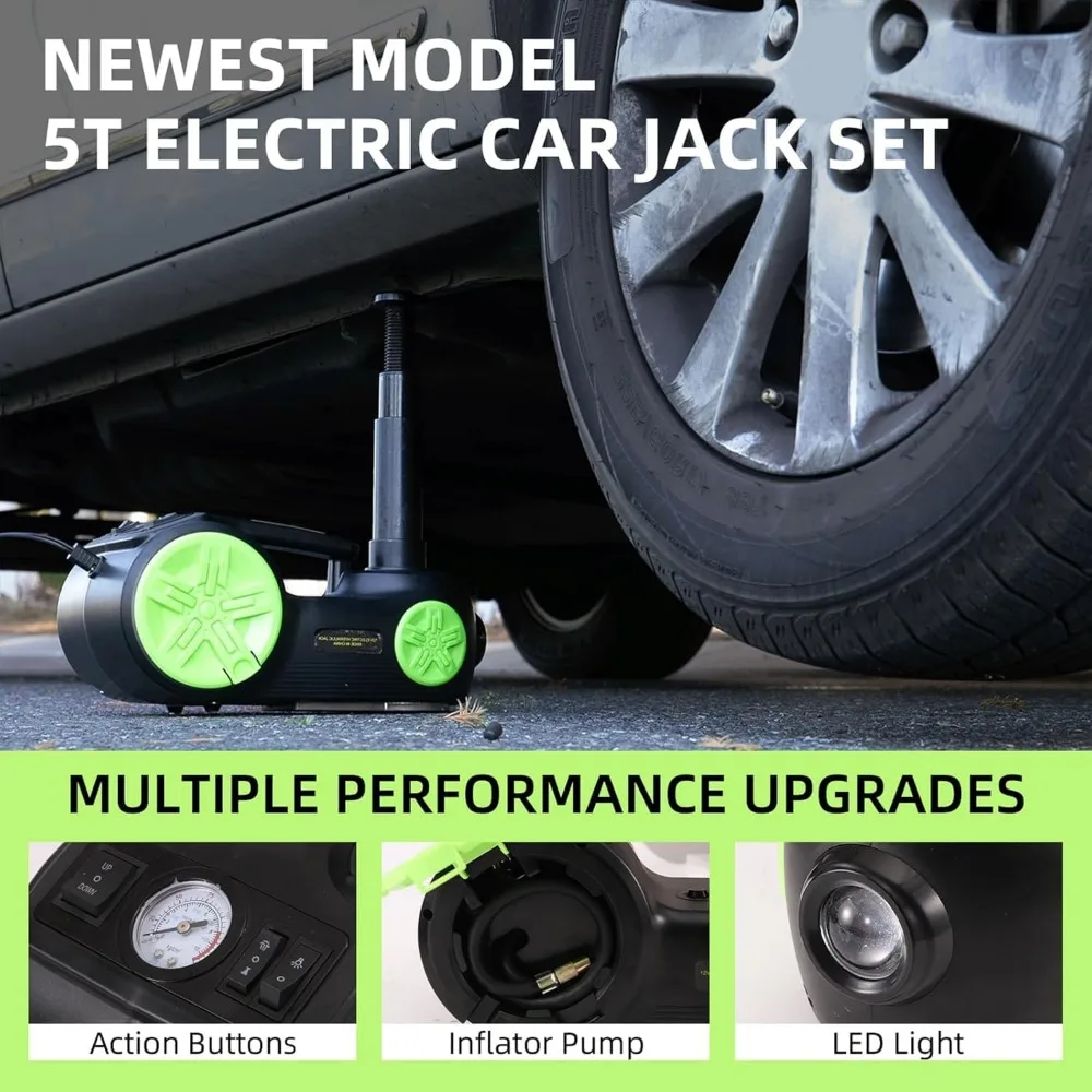 12V Portable Electric Hydraulic Car Jack Kit with 5 Ton Capacity, 20.9 Inch Lift Range, Impact Wrench, and Tire Inflator