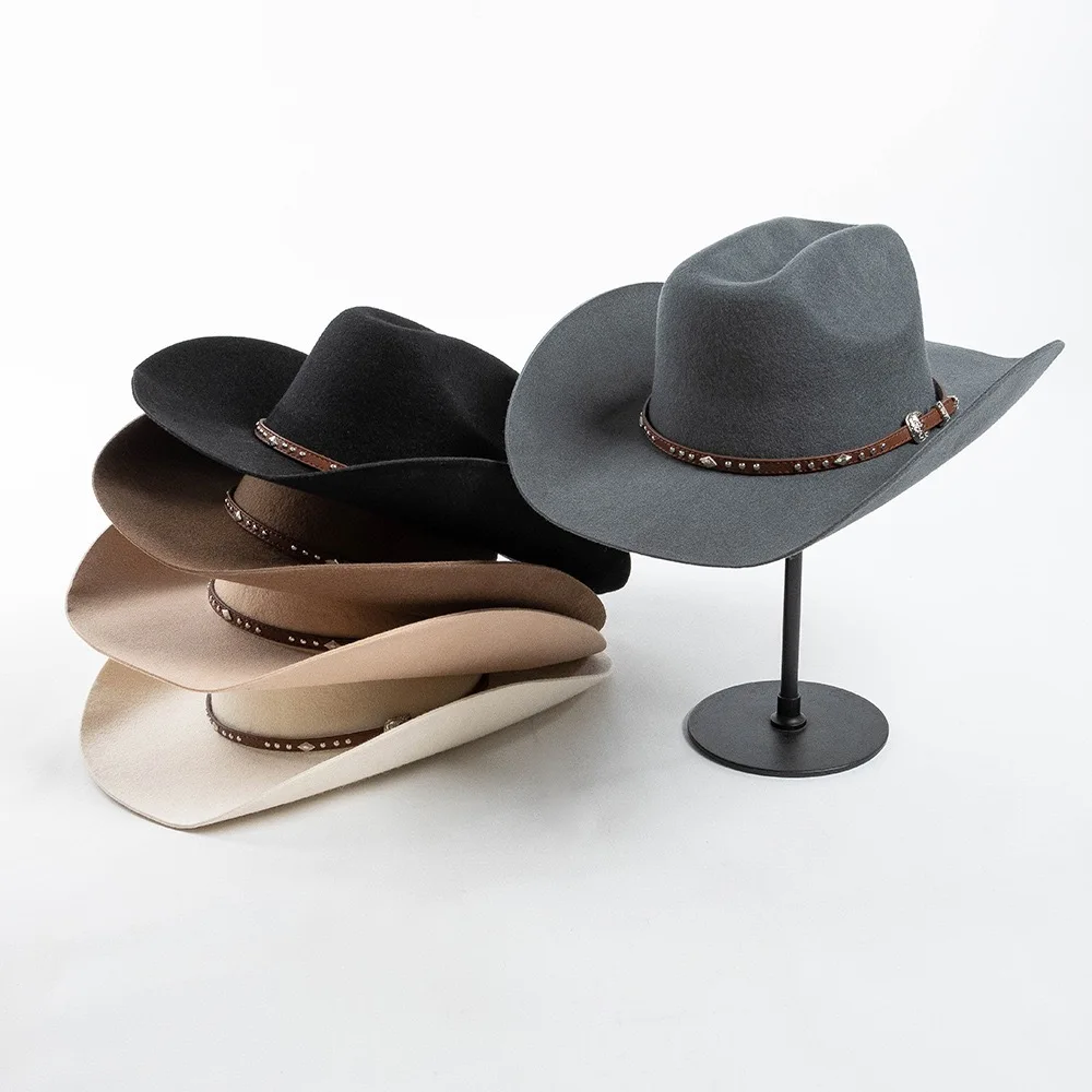 Hot Sell Fashion Wide Brim Belt Buckle Decoration Wool Cowboy Hat Europe America High-quality Vintage Luxury Casual Hat Fedora