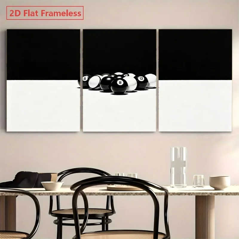 2D Flat, 3pcs Billiard Wall Art - Modern Minimalist Retro Horizontal Canvas Suitable for Living Room, Office Decor - Black &