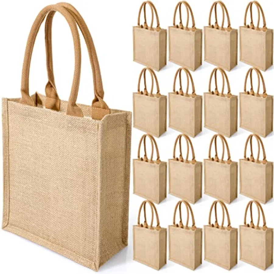 

16 Pcs Burlap Tote Bags with Handles and Laminated Interior Reusable Blank Bridesmaid Gift Grocery Beach Bag for Shopping Weddi