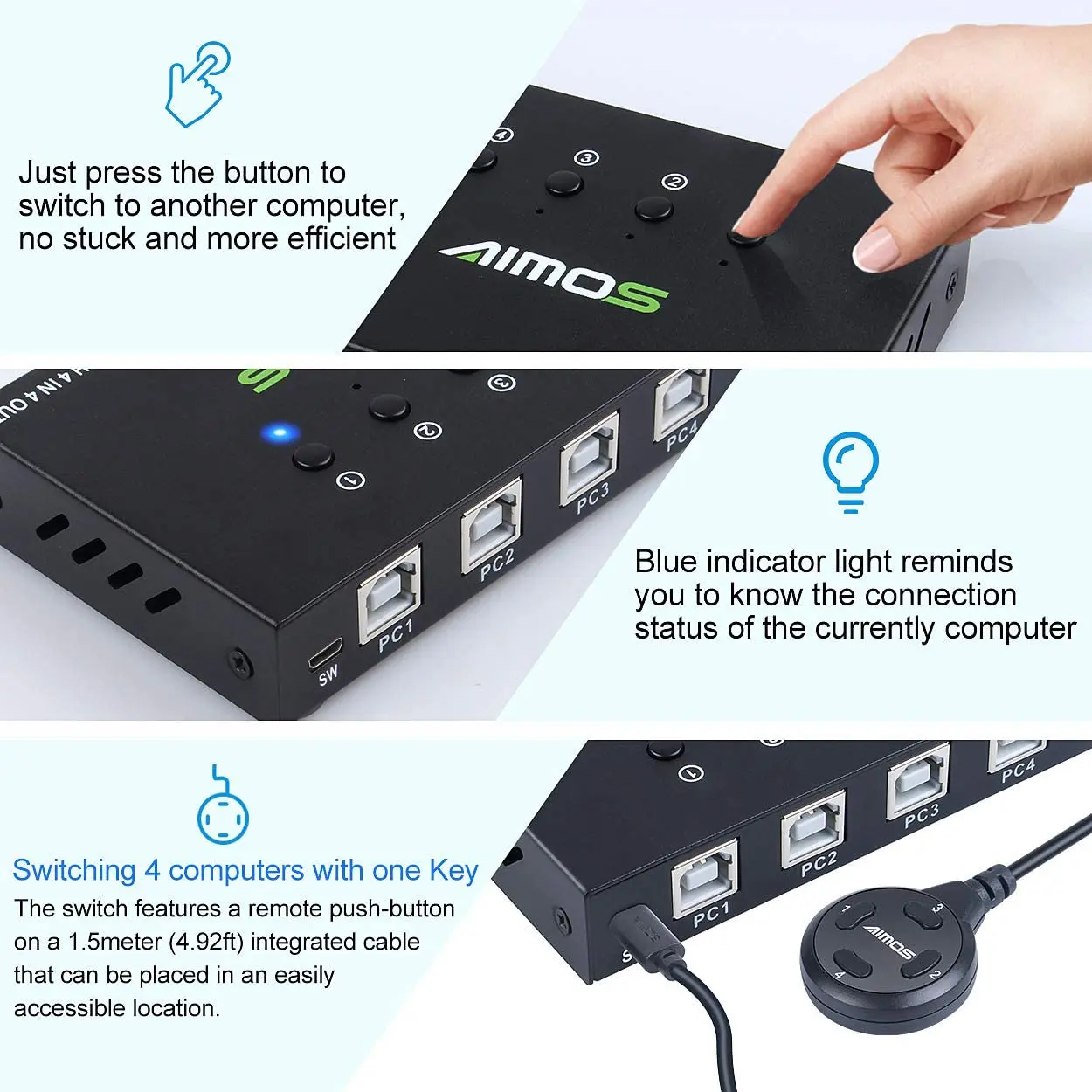 Imagem -04 - Aimos-usb Kvm Switcher Computadores Compartilhamento Dispositivos Usb Troca de um Botão para Compartilhar Mouse Teclado Impressora Scanner