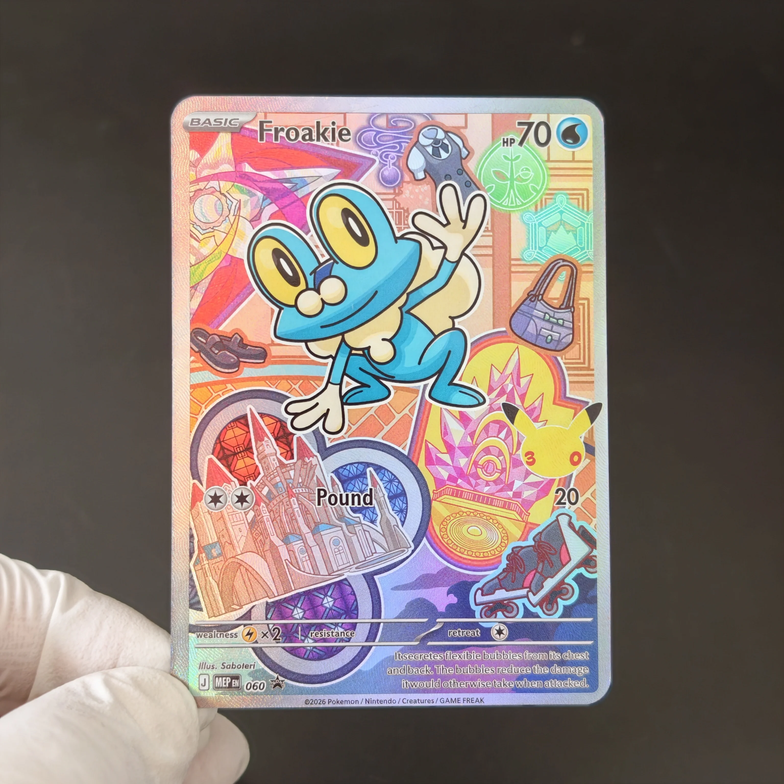 Image of Proxy/PTCG Pokemon 30th Anniversary Card Englische Froakie-Karte mit holografischer Folienstruktur, Sammelkarte, klassische Spielkarten, Geschenkspielzeug