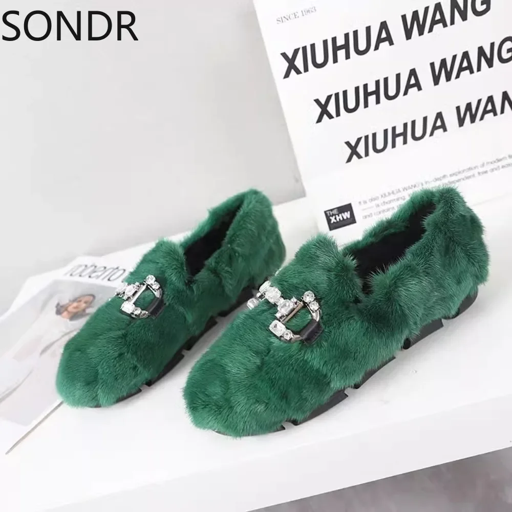 Womens Real Mink Fur Loafers Rhinestones Crystal Furry Flats Shoes Round Toe Warm Winter Snow 7Colors New 2024