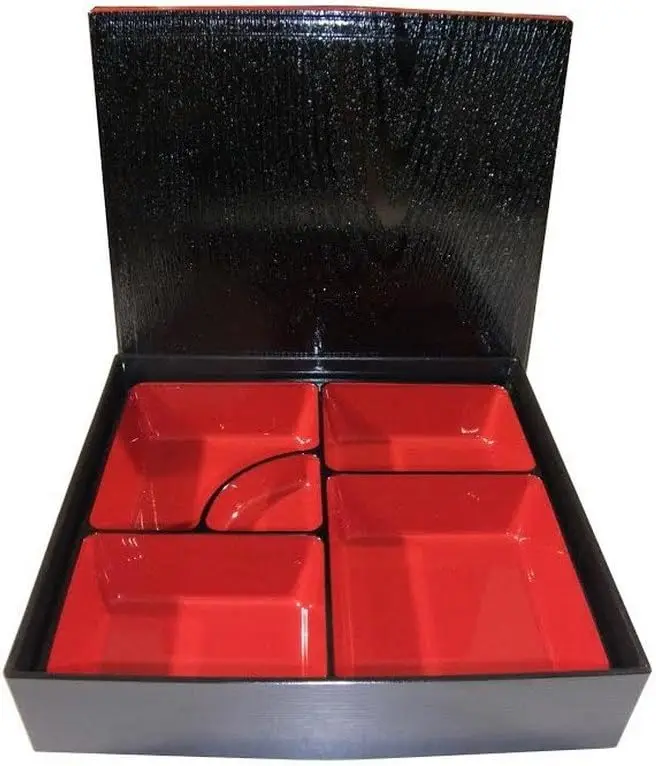 

1923, Red and Black Japanese Traditional Plastic Lacquered Lunch Bento Box 5 Compartments for Restaurant or Home Tray Pl
