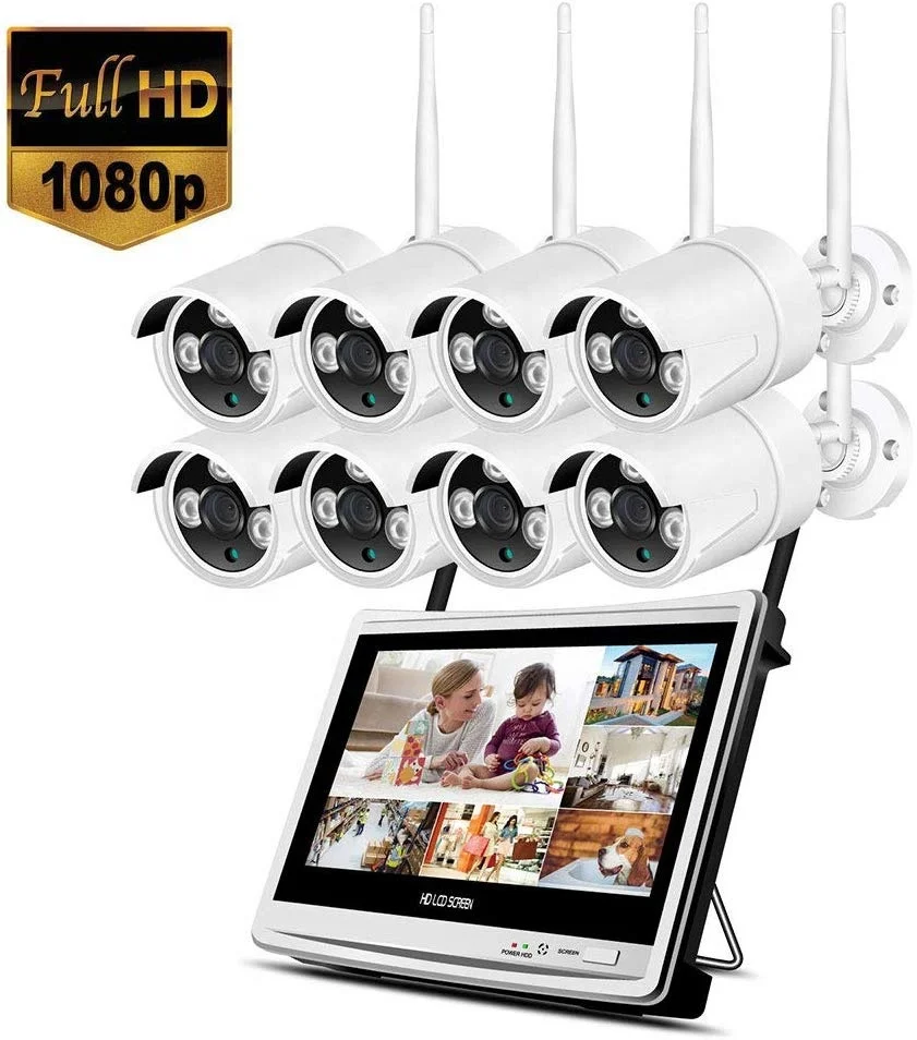 8ch 1080p sem fio nvr wifi cctv sistema 12 "tela monitor lcd 2mp casa de segurança ao ar livre câmera wi fi kit vigilância vídeo