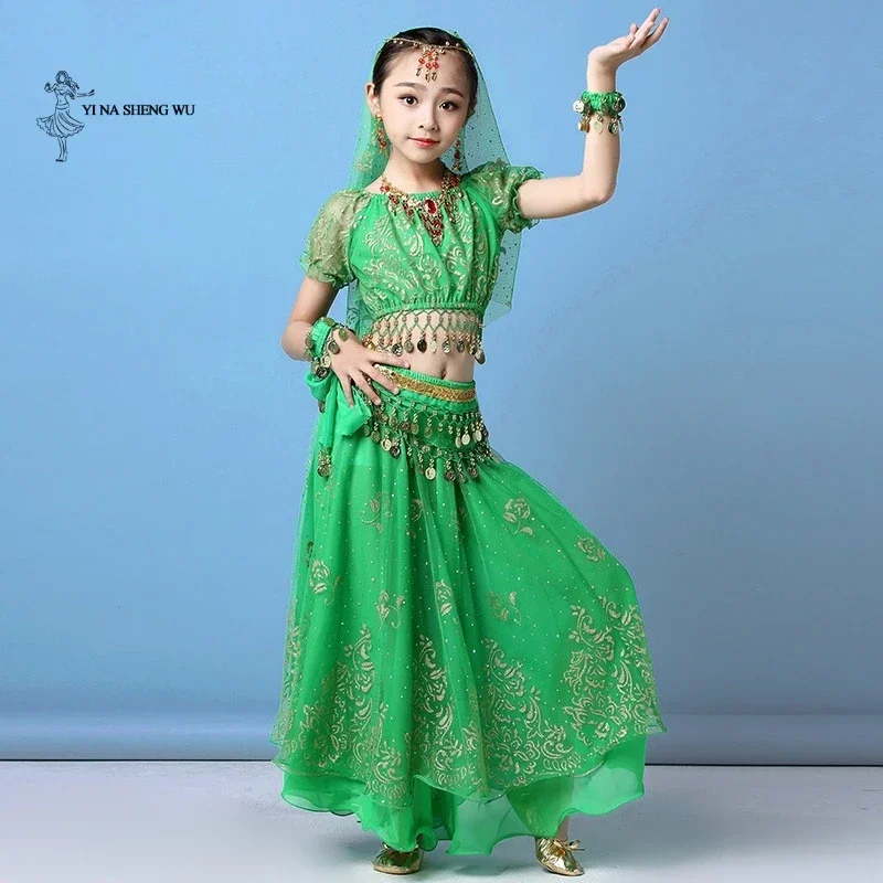 Childern Girl Belly Dance Costume Dress Indian Oriental Dance Sari Bollywood Bellydance Suit Performance kids Coins Top Belt