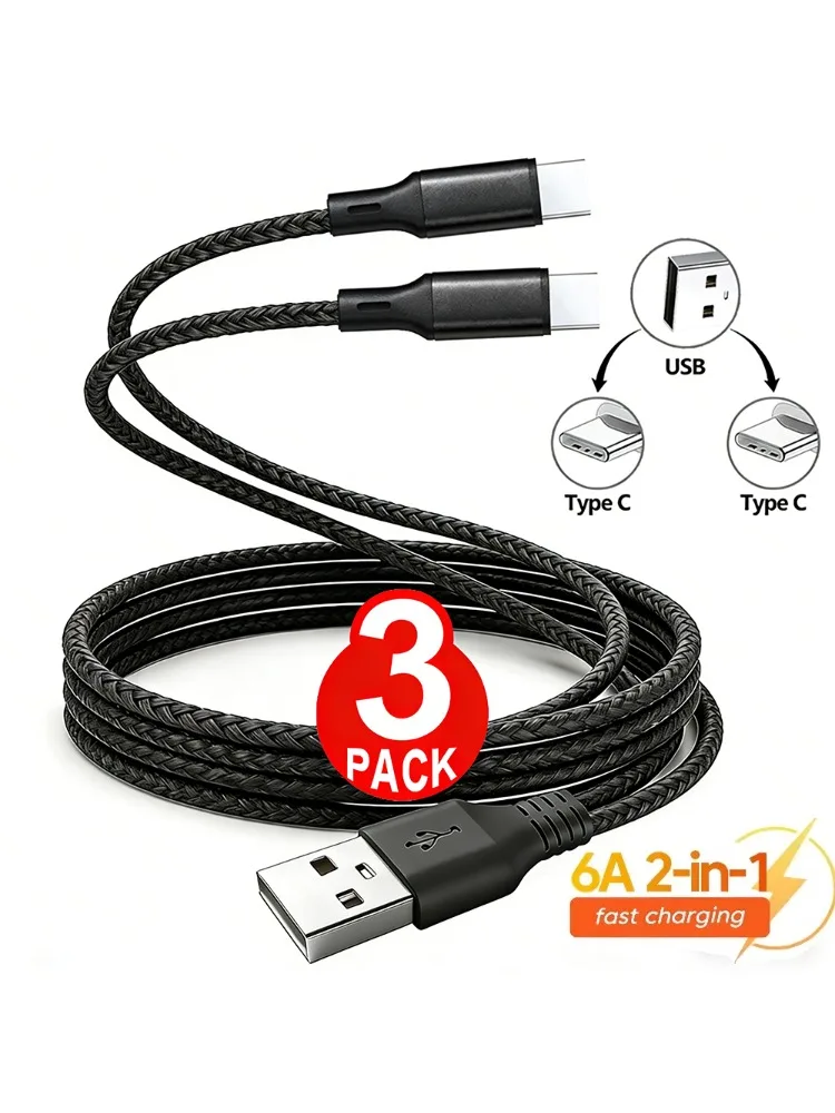 Kabel rozdzielający 2 w 1 Dual Type-C Y Splitter 6A USB A do Type C Szybkie Ładowanie Transfer Danych Nylonowy Przewód Ładujący do IPhone 17 16 Xiaomi Huawei — zdjęcie produktu 7